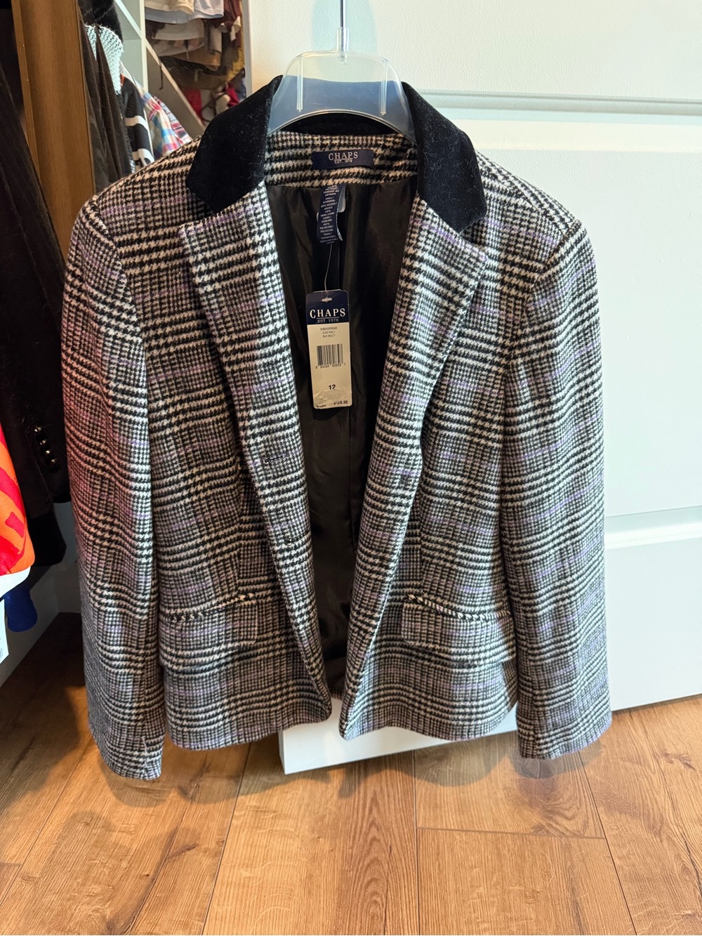 Chaps Black and Gray Plaid Blazer with Black Velvet Collar